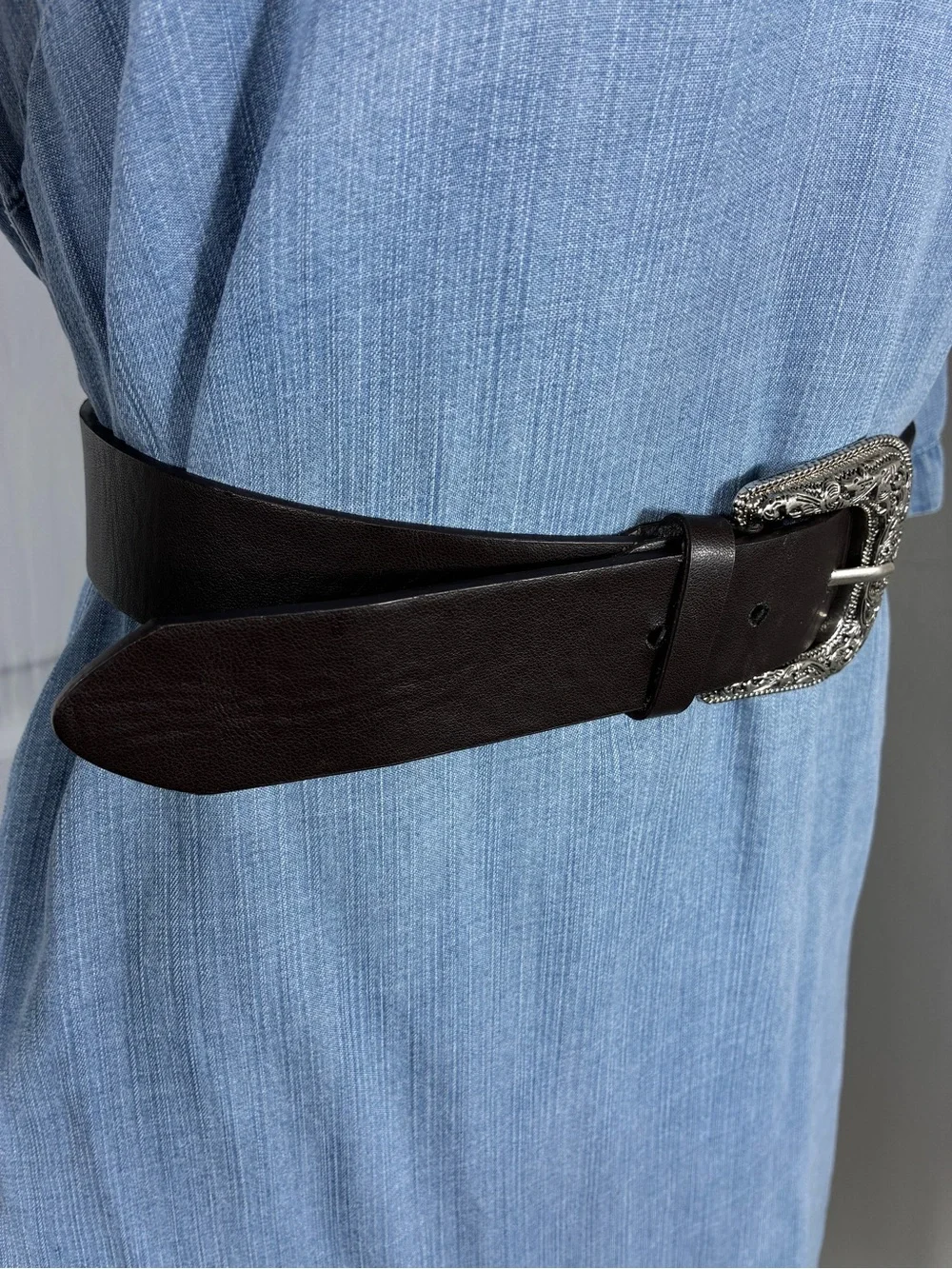 Womens belt 47” long faux Leather Western chocolate brown carved Silver Buckle